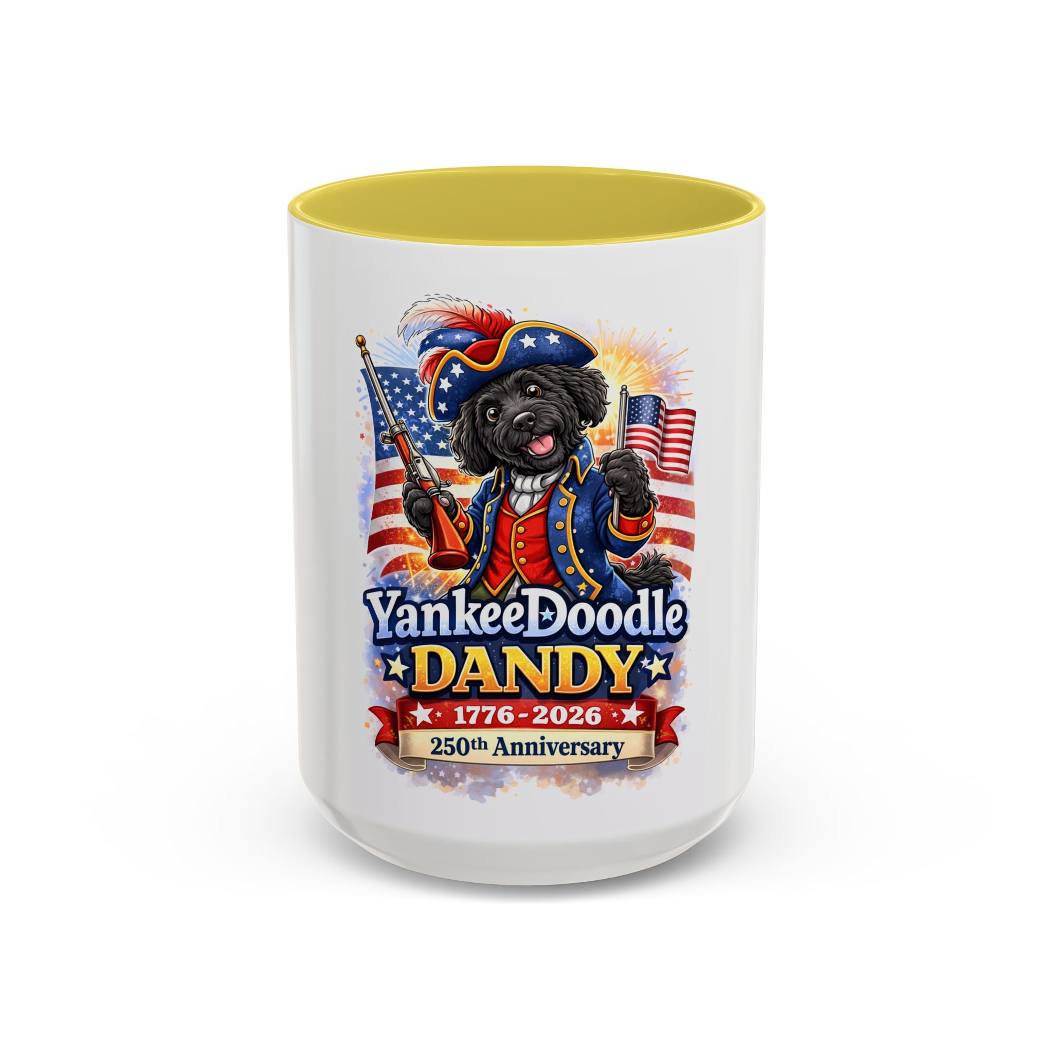 Fourth of July Yankee Doodle Dandy Mug — USA 250th Birthday Doodle Design (15oz)