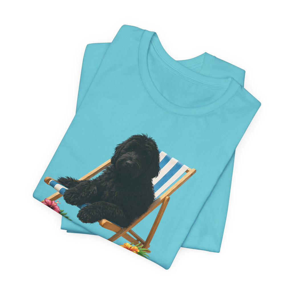 Beach Dood T-Shirt — Cute Black Golden Doodle Chilling on a Beach Chair Graphic Tee