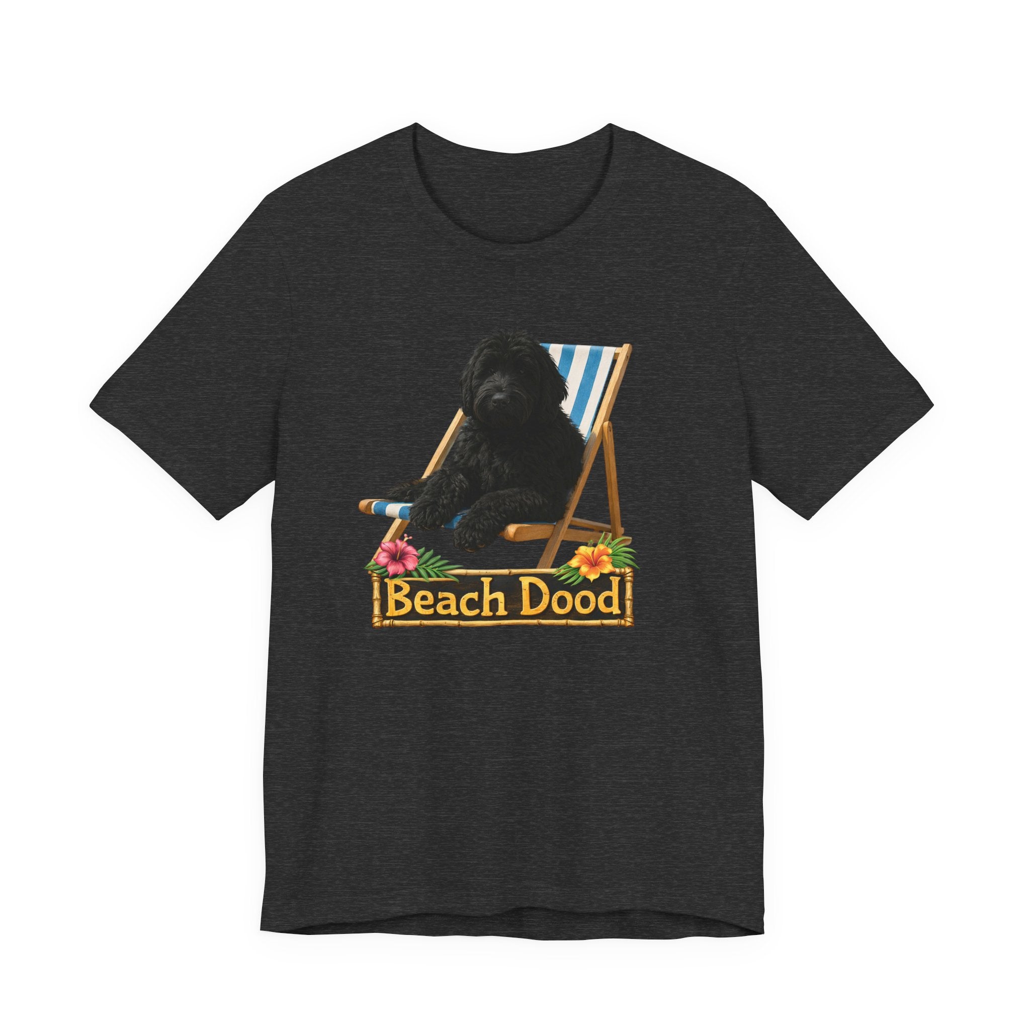 Beach Dood T-Shirt — Cute Black Golden Doodle Chilling on a Beach Chair Graphic Tee