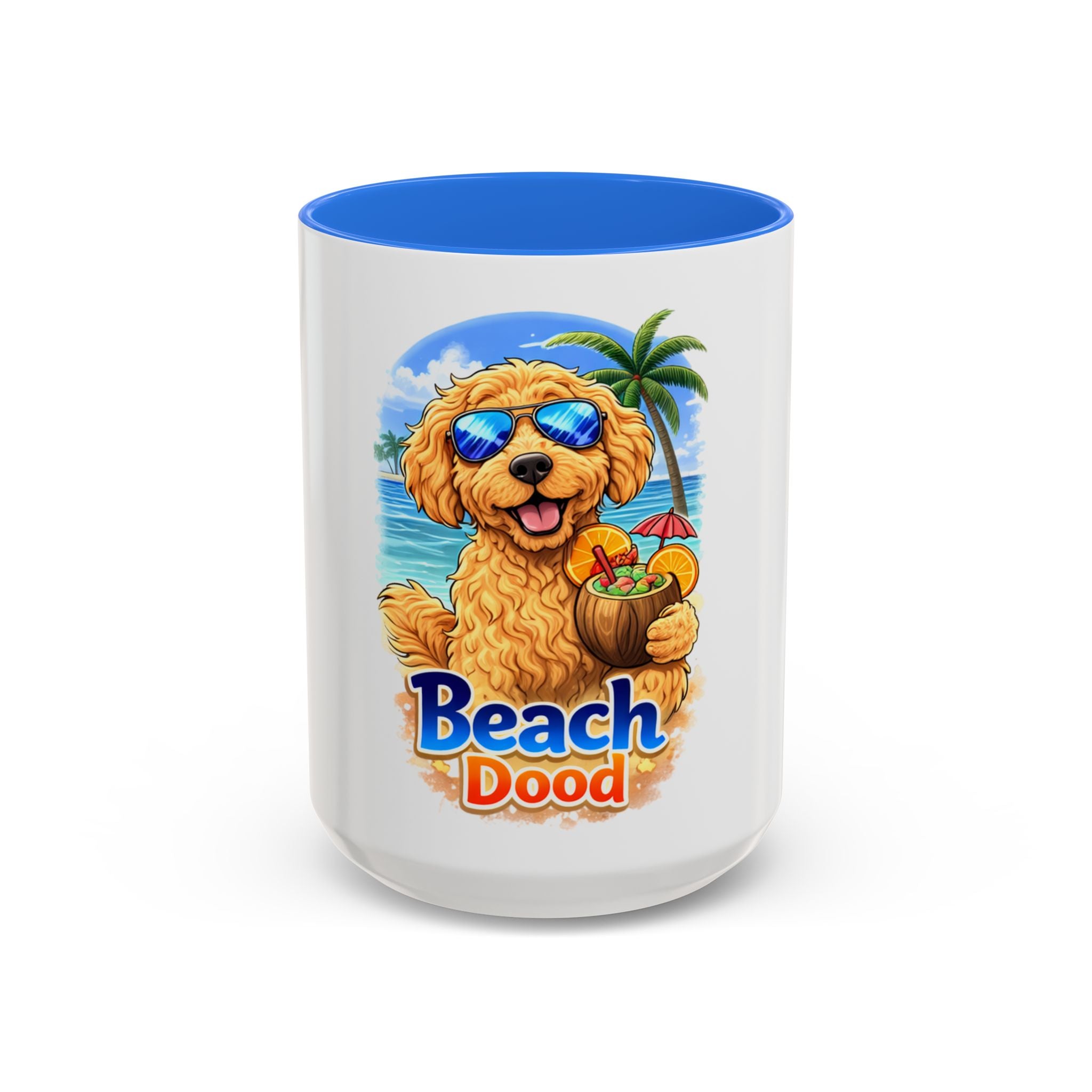 Beach Dood Dog Mug — Cute Golden Doodle with Sunglasses & Tropical Drink (15oz)