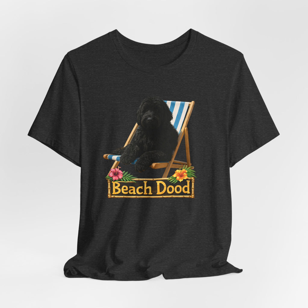 Beach Dood T-Shirt — Cute Black Golden Doodle Chilling on a Beach Chair Graphic Tee