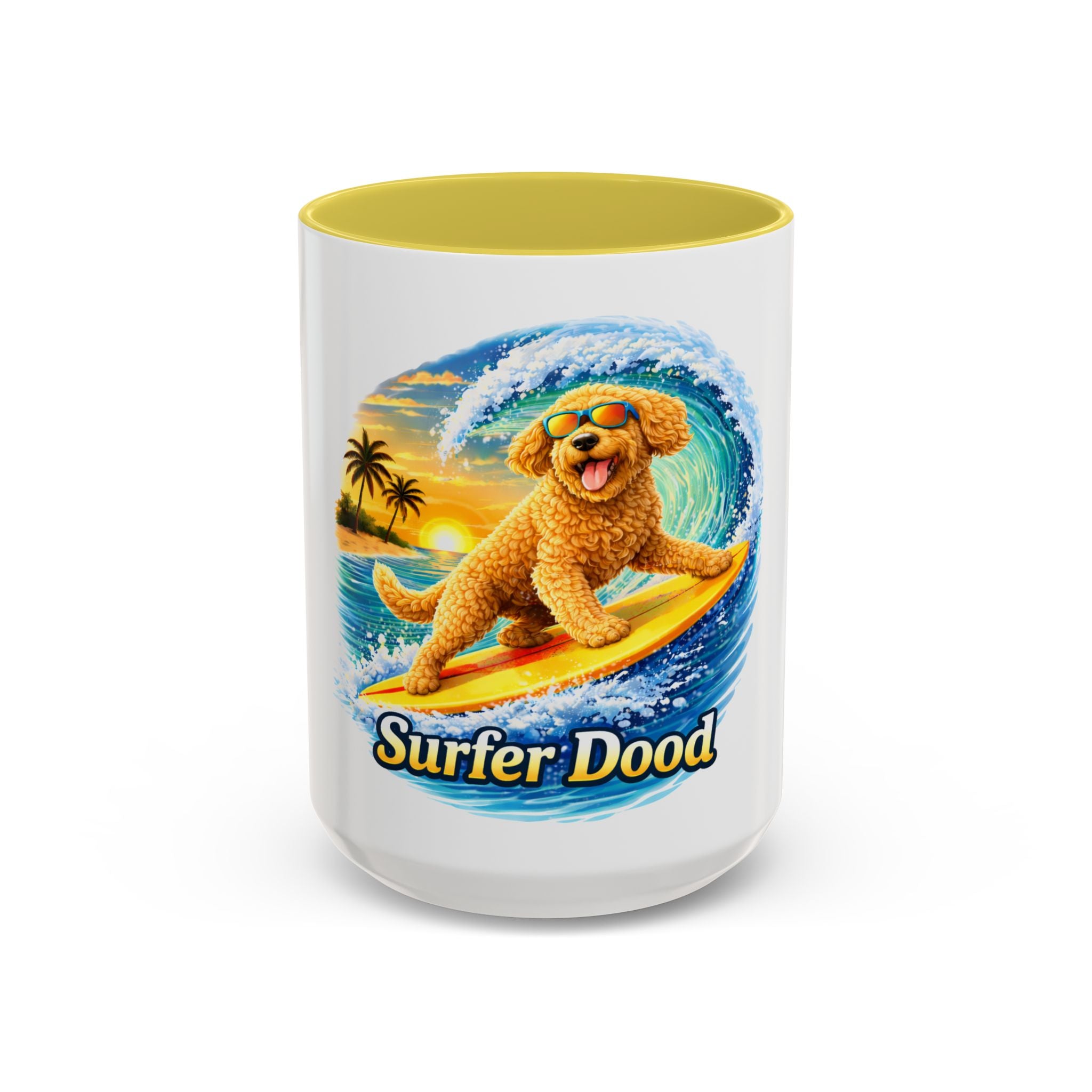 Golden Doodle Surfing Coffee Mug — Funny Colorful (15oz)
