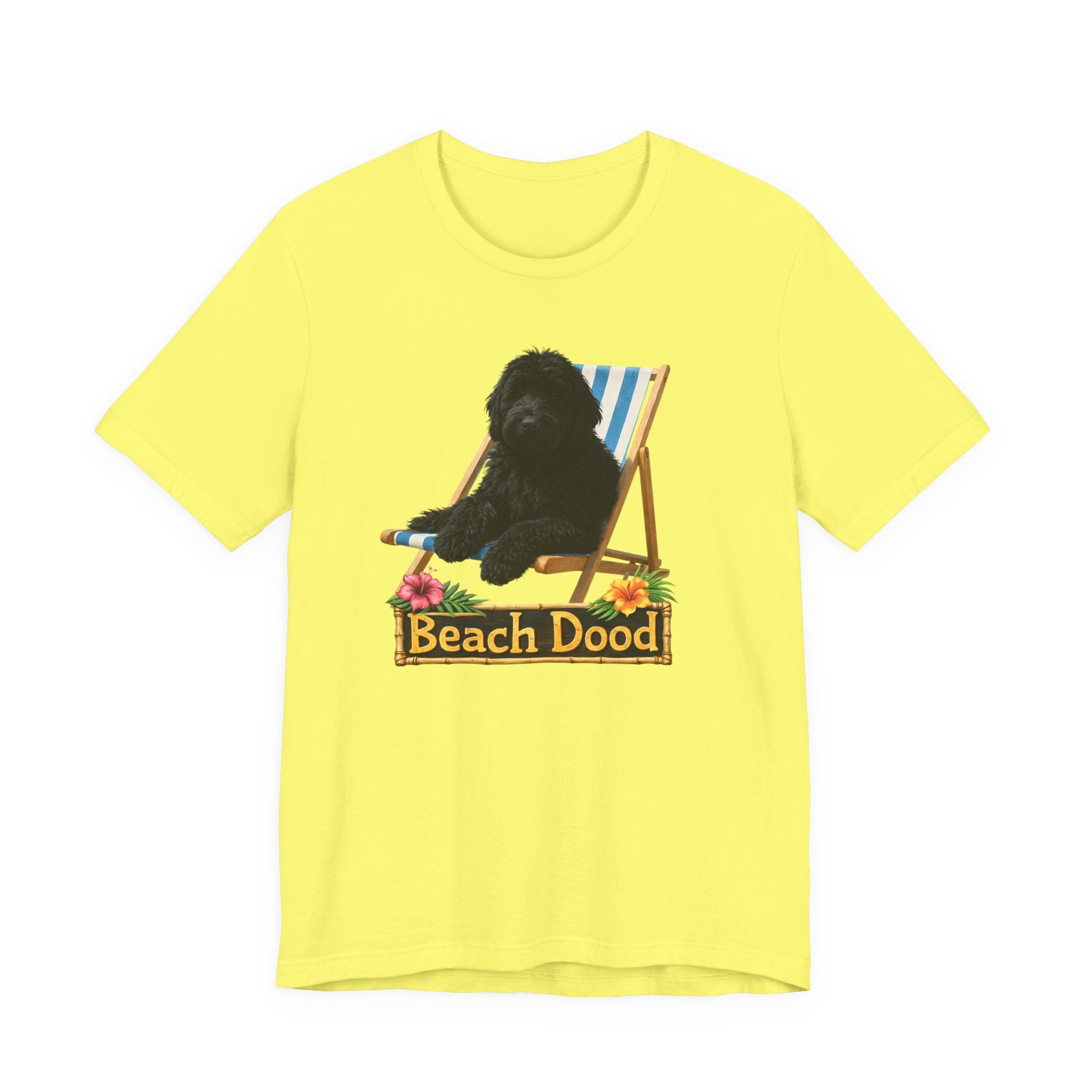 Beach Dood T-Shirt — Cute Black Golden Doodle Chilling on a Beach Chair Graphic Tee