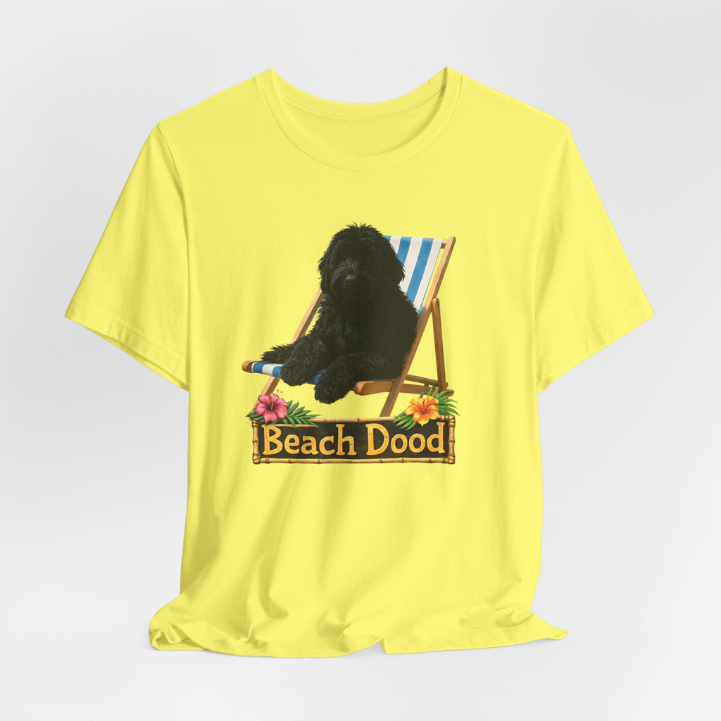 Beach Dood T-Shirt — Cute Black Golden Doodle Chilling on a Beach Chair Graphic Tee