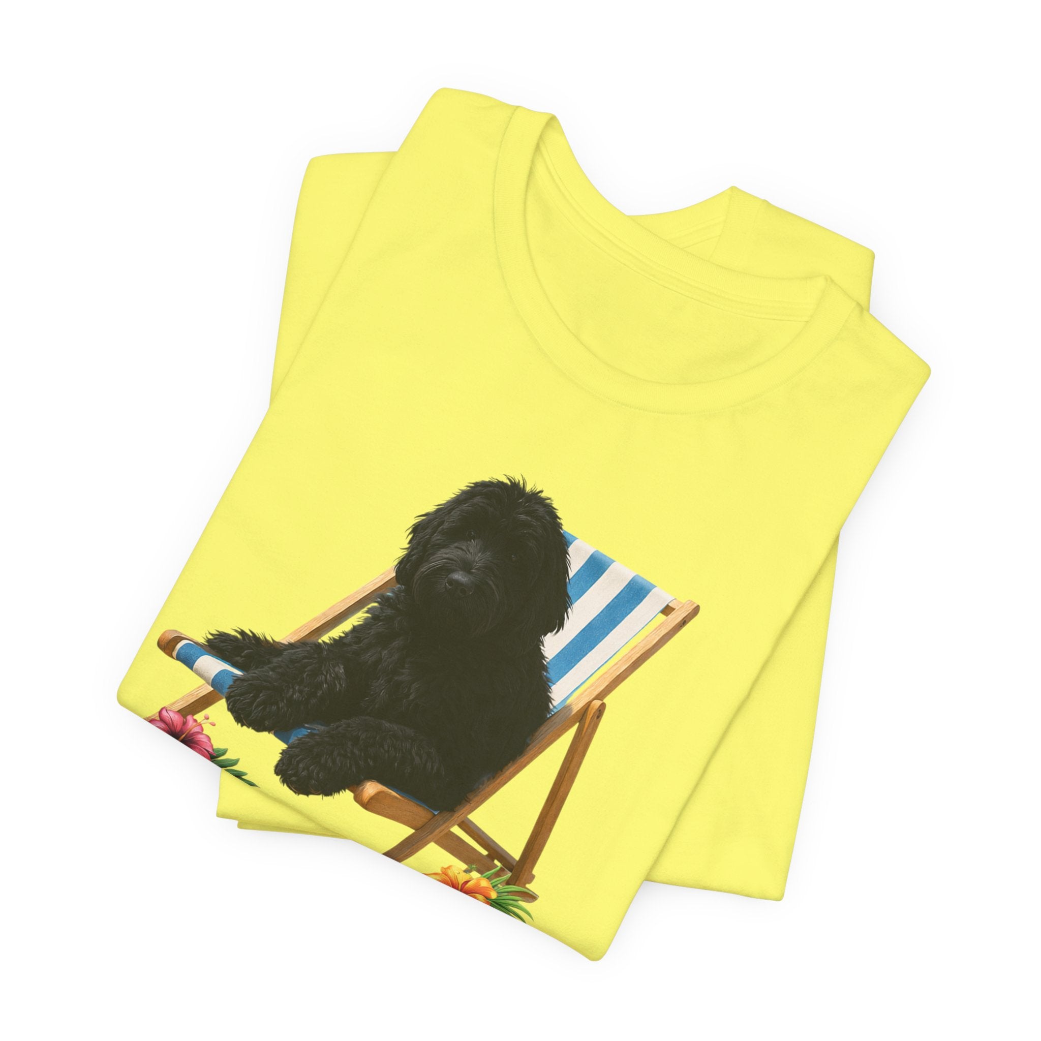 Beach Dood T-Shirt — Cute Black Golden Doodle Chilling on a Beach Chair Graphic Tee