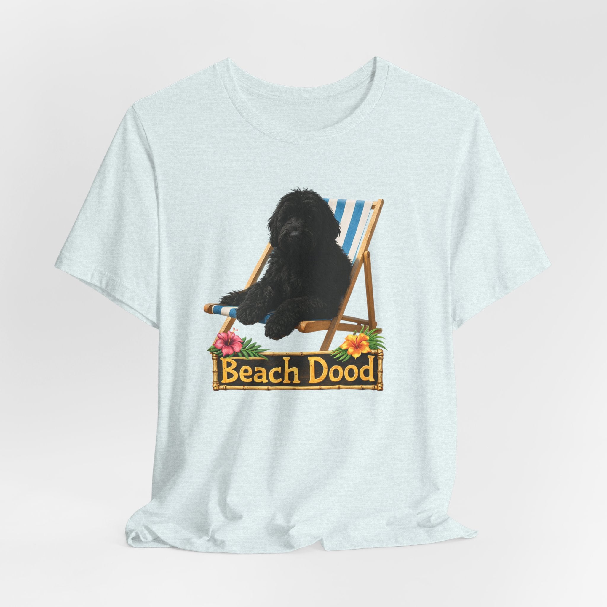 Beach Dood T-Shirt — Cute Black Golden Doodle Chilling on a Beach Chair Graphic Tee
