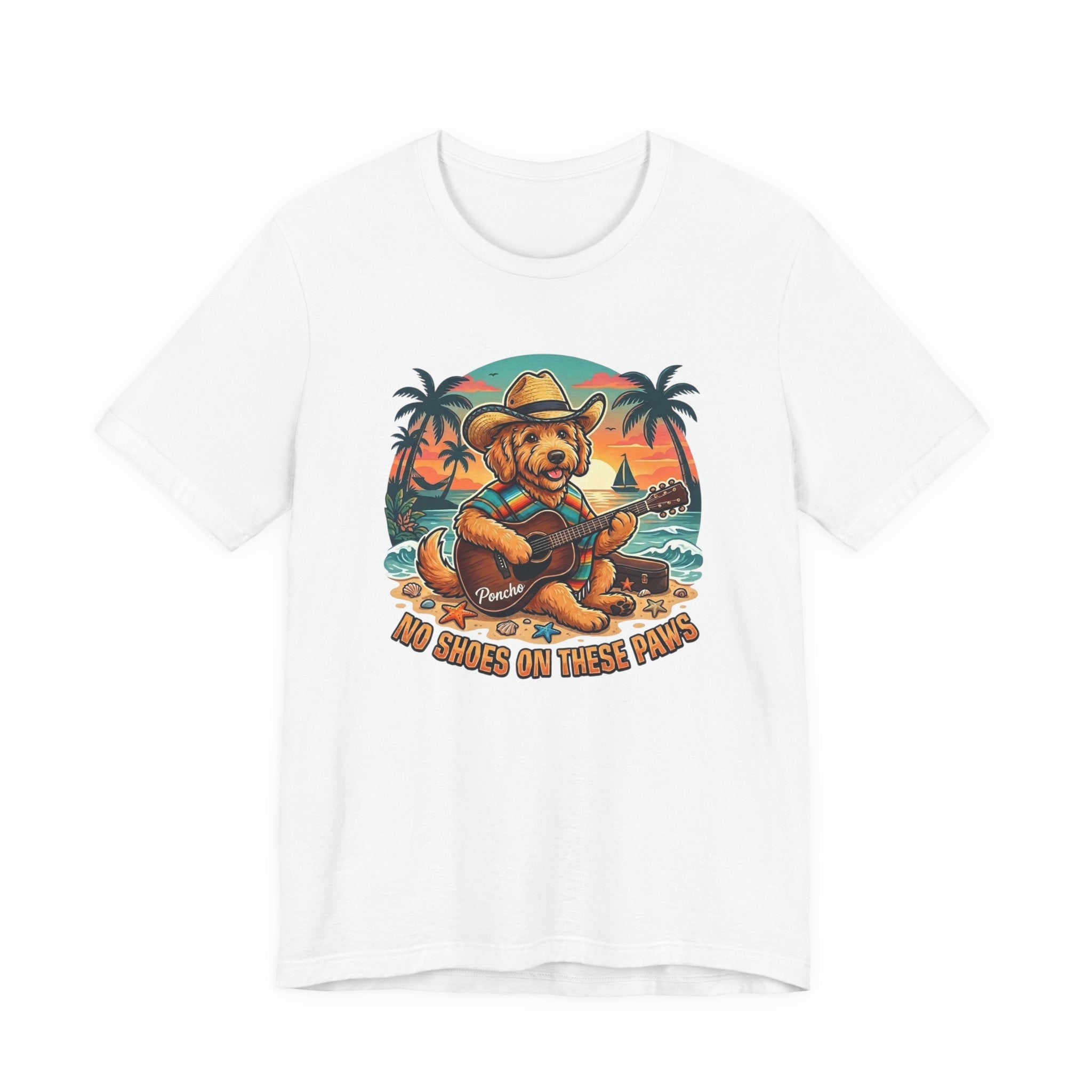 Golden Doodle Guitar Tee — Tropical Island Dog Playing Guitar