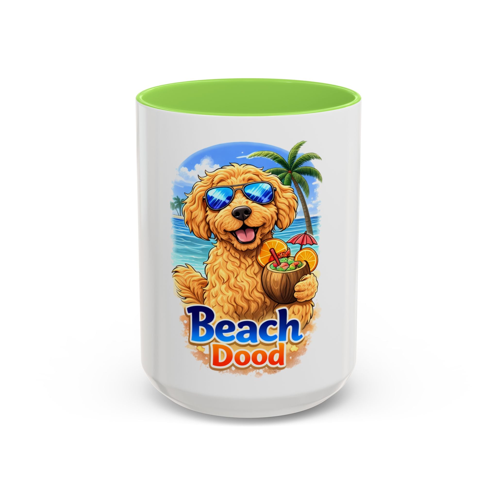 Beach Dood Dog Mug — Cute Golden Doodle with Sunglasses & Tropical Drink (15oz)