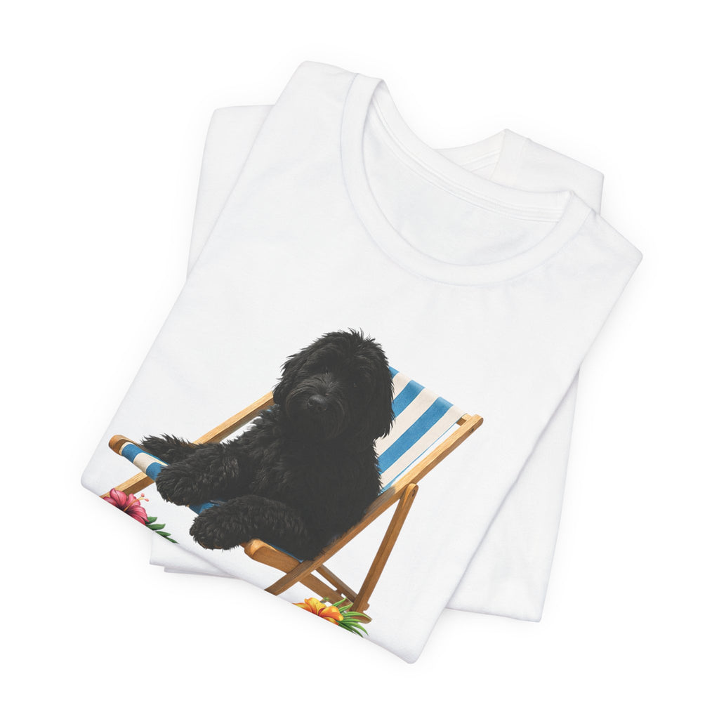 Beach Dood T-Shirt — Cute Black Golden Doodle Chilling on a Beach Chair Graphic Tee