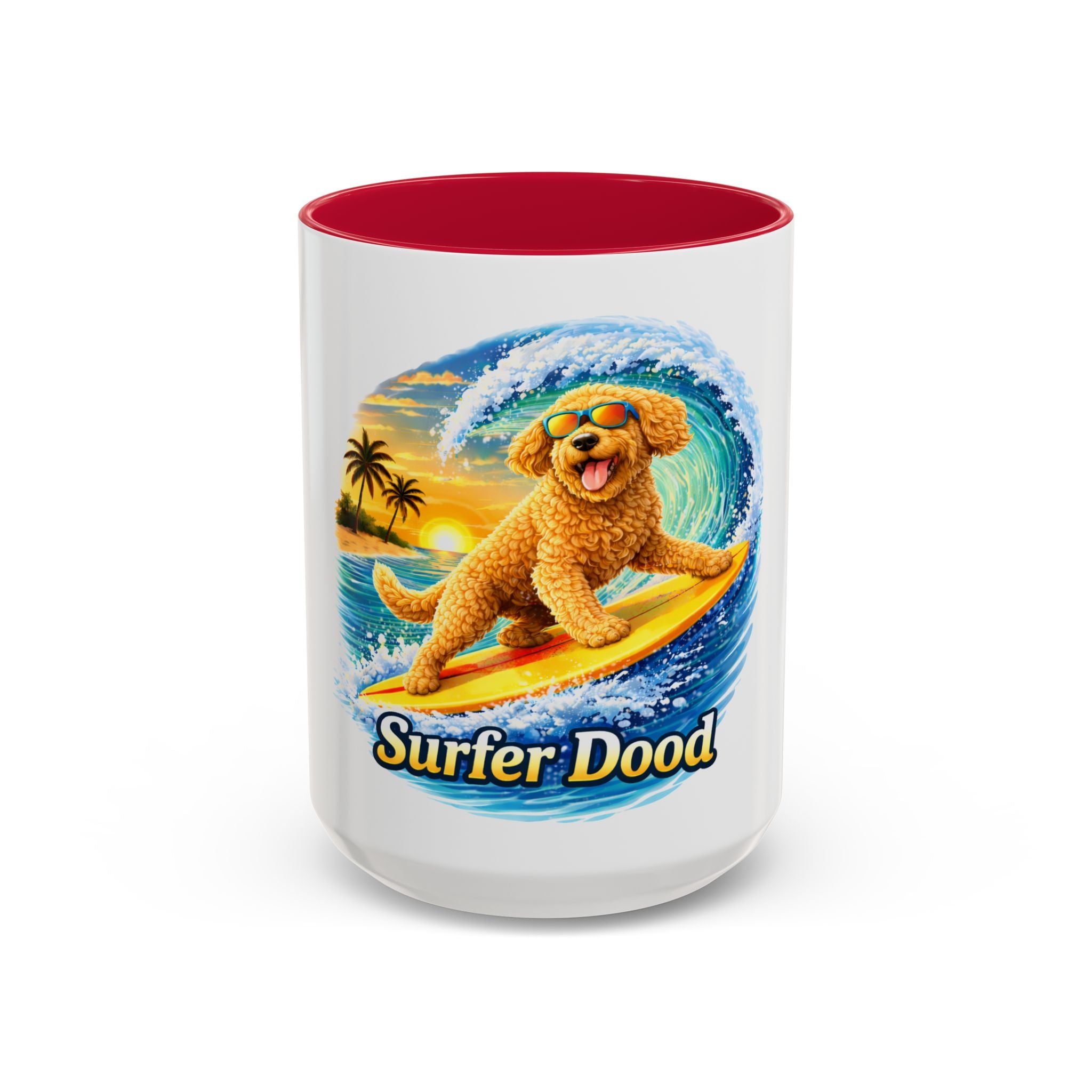Golden Doodle Surfing Coffee Mug — Funny Colorful (15oz)