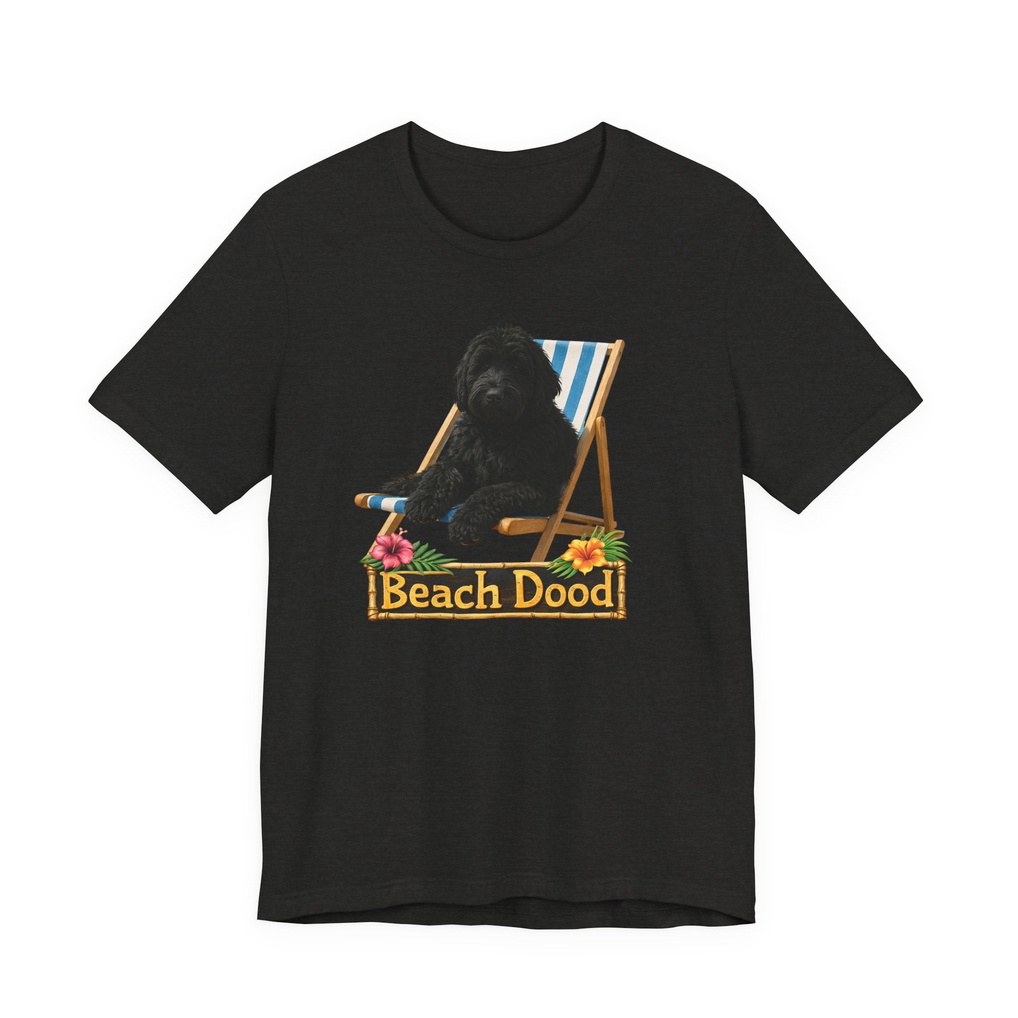 Beach Dood T-Shirt — Cute Black Golden Doodle Chilling on a Beach Chair Graphic Tee