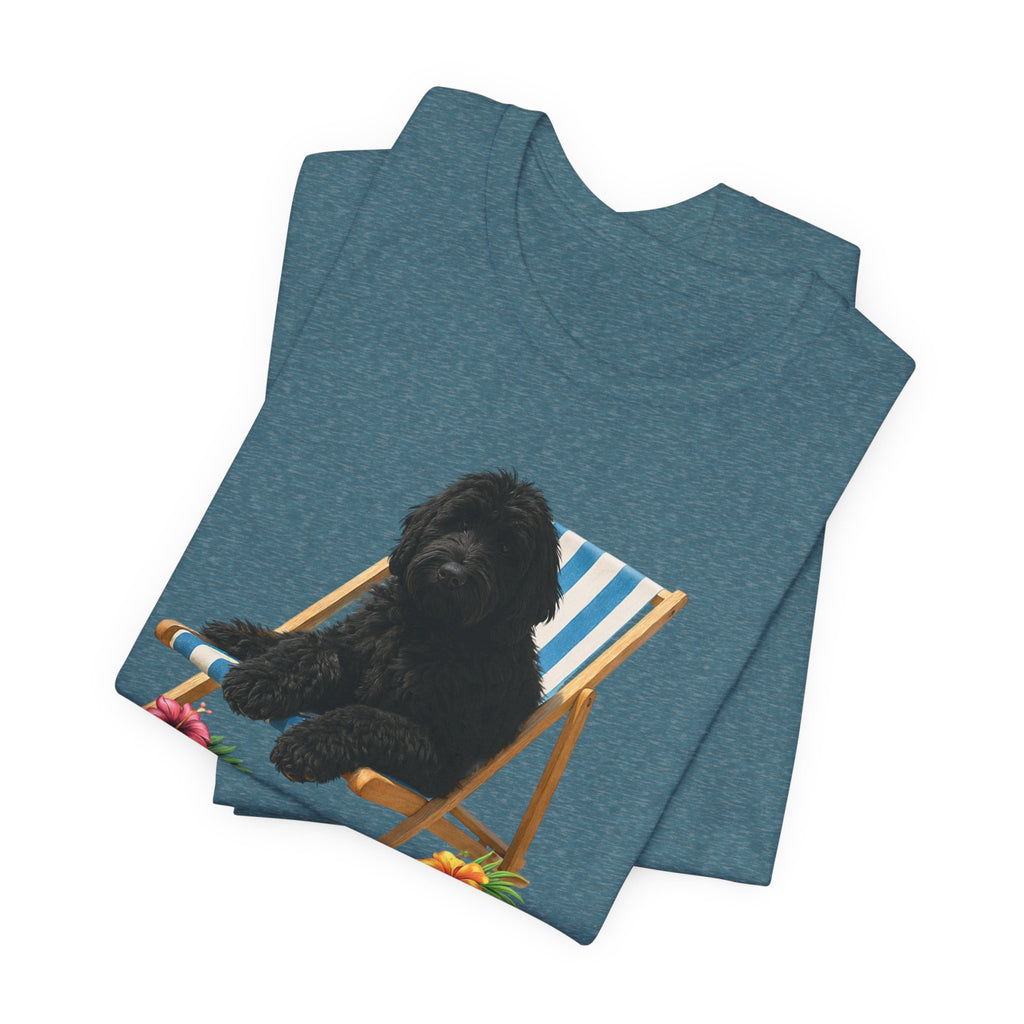 Beach Dood T-Shirt — Cute Black Golden Doodle Chilling on a Beach Chair Graphic Tee