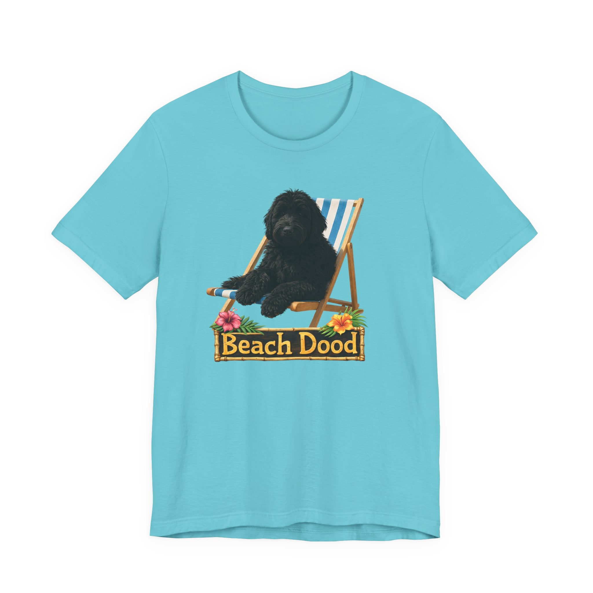 Beach Dood T-Shirt — Cute Black Golden Doodle Chilling on a Beach Chair Graphic Tee