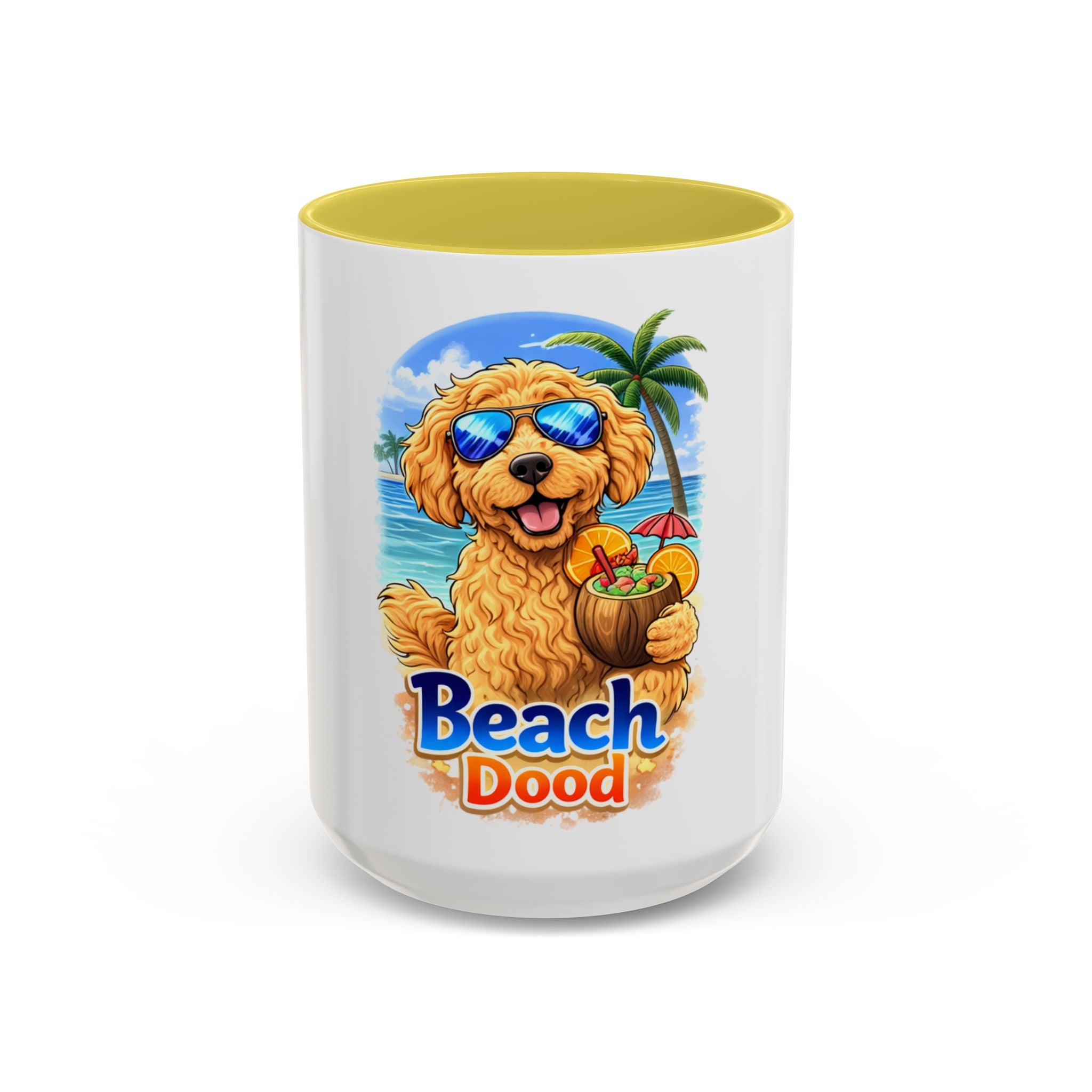 Beach Dood Dog Mug — Cute Golden Doodle with Sunglasses & Tropical Drink (15oz)