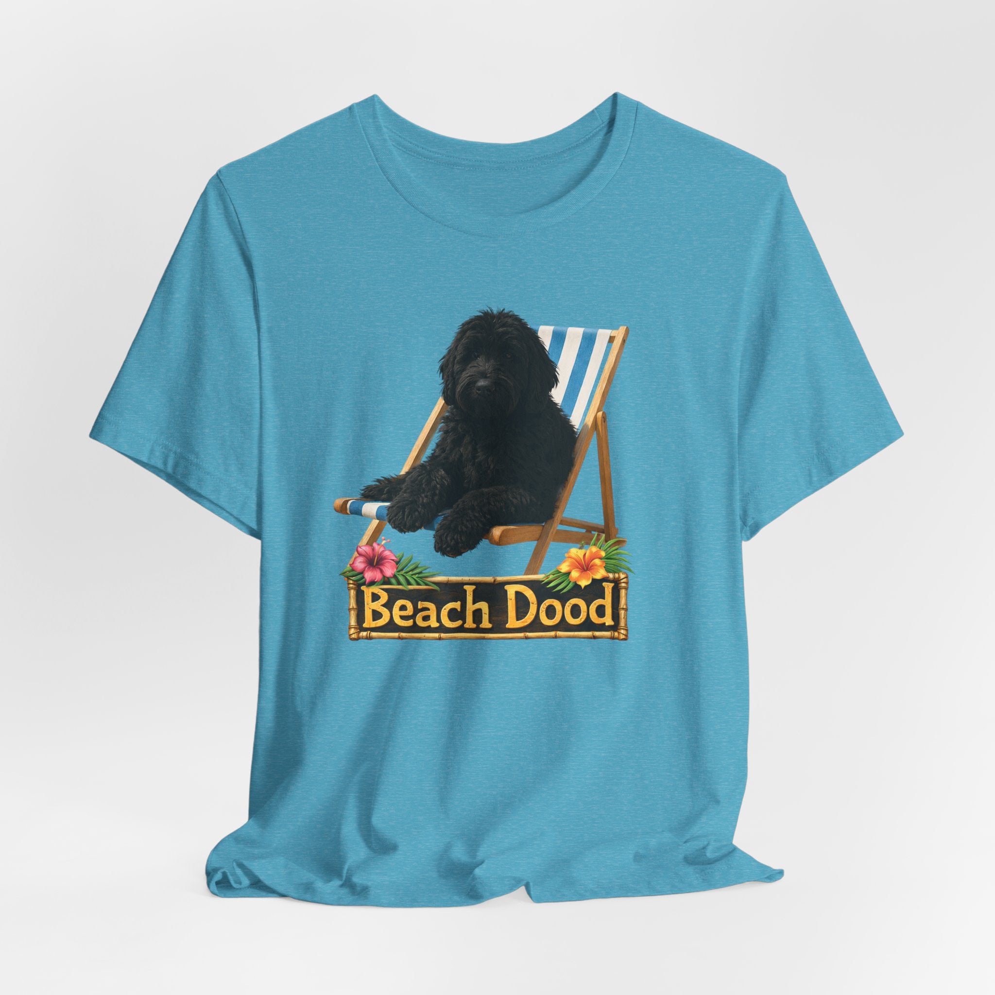 Beach Dood T-Shirt — Cute Black Golden Doodle Chilling on a Beach Chair Graphic Tee