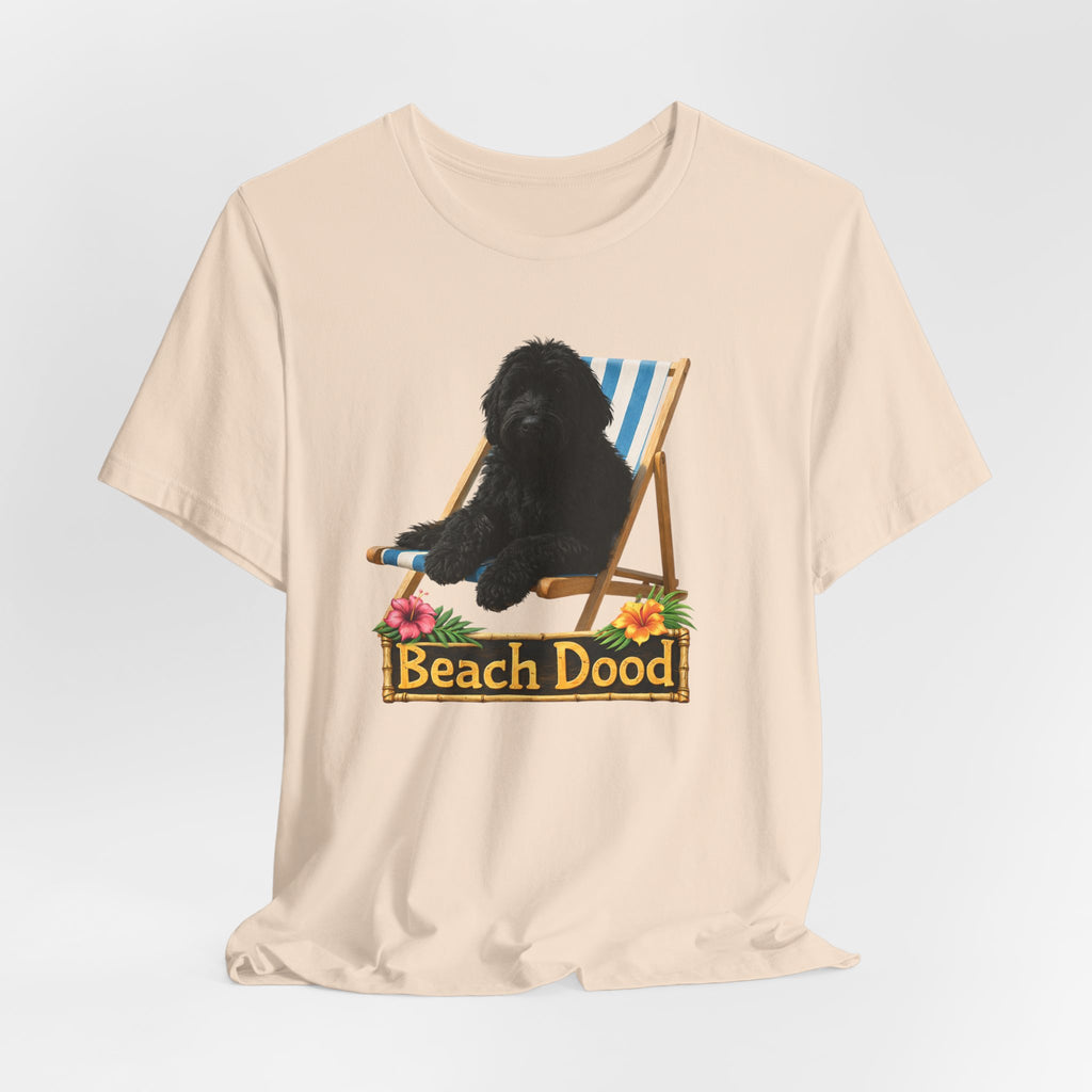 Beach Dood T-Shirt — Cute Black Golden Doodle Chilling on a Beach Chair Graphic Tee