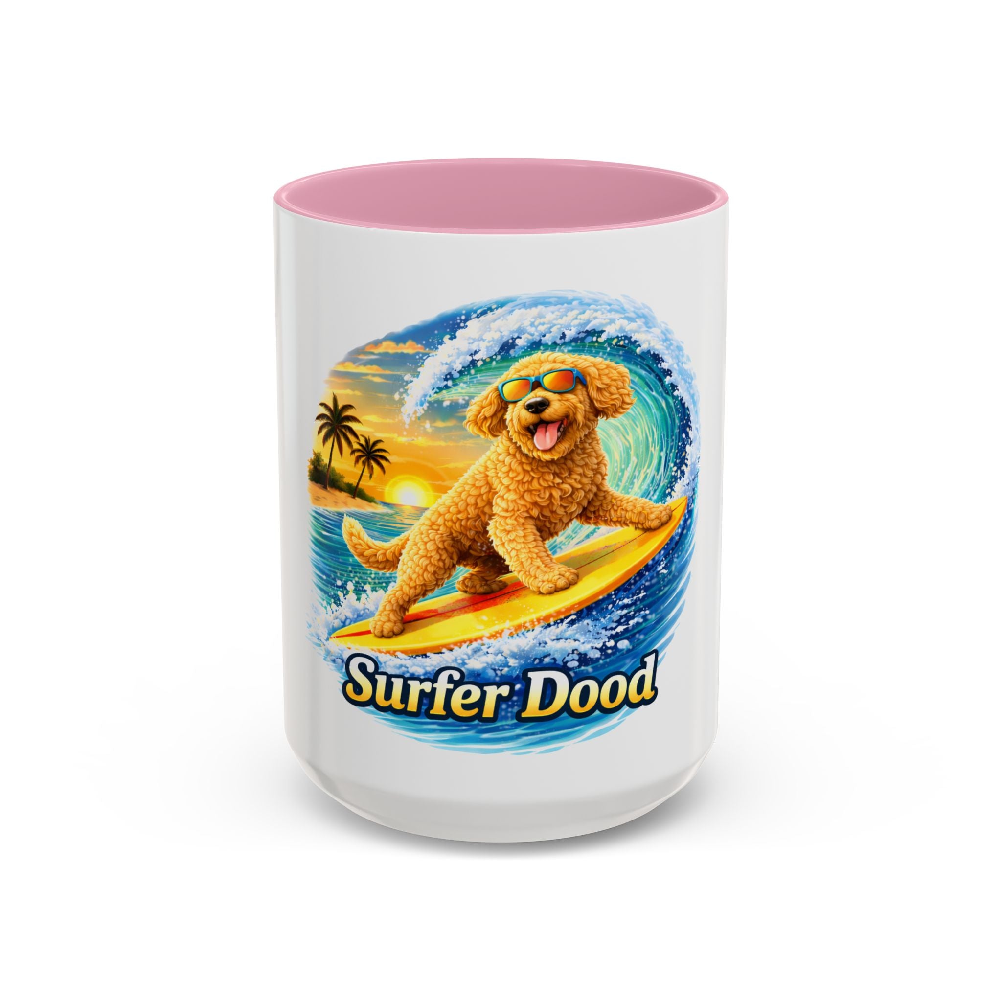 Golden Doodle Surfing Coffee Mug — Funny Colorful (15oz)