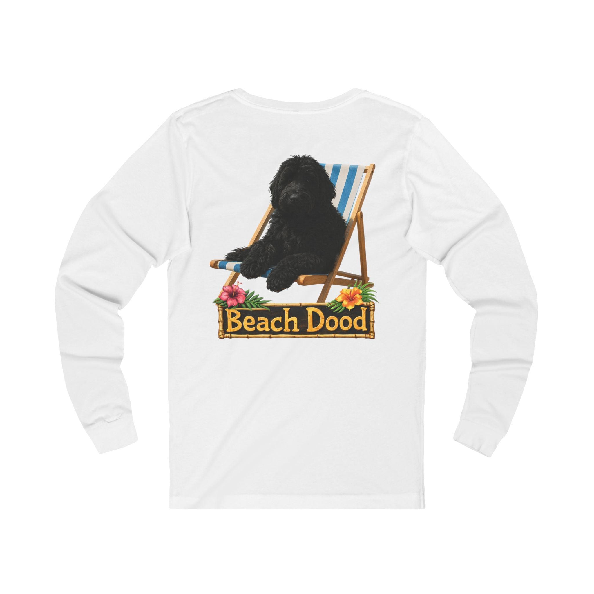 Golden Doodle Beach Tee — Dog on Striped Beach Chair