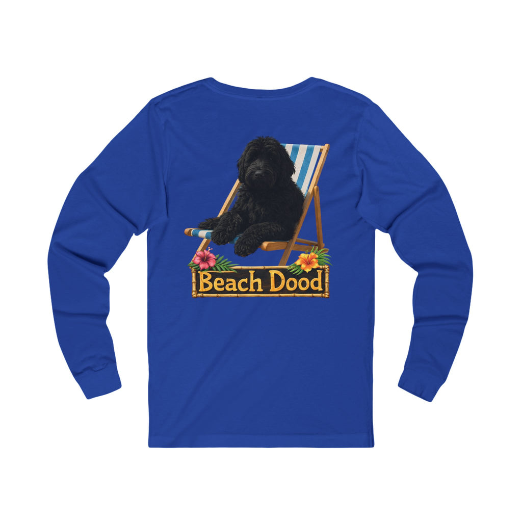 Golden Doodle Beach Tee — Dog on Striped Beach Chair