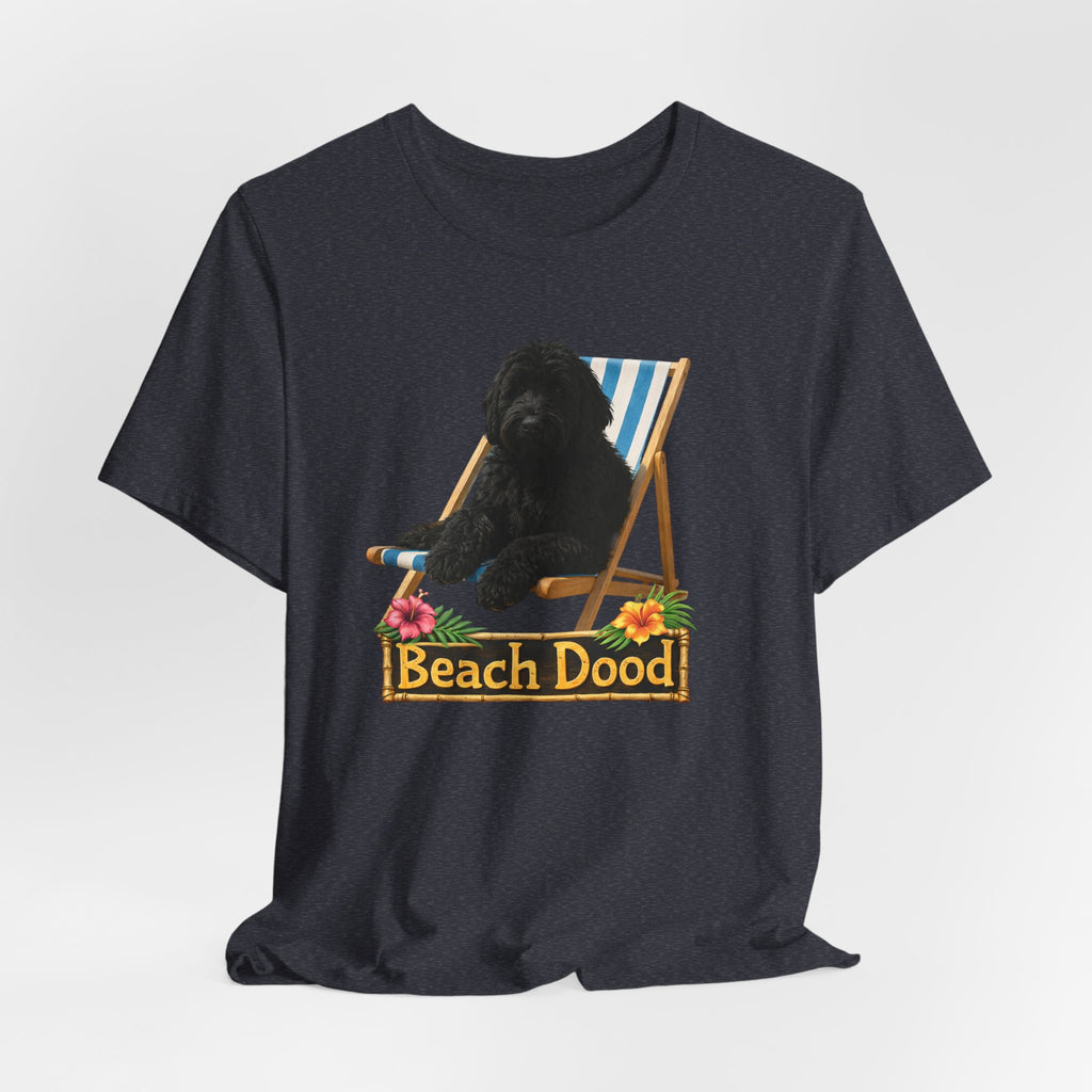 Beach Dood T-Shirt — Cute Black Golden Doodle Chilling on a Beach Chair Graphic Tee