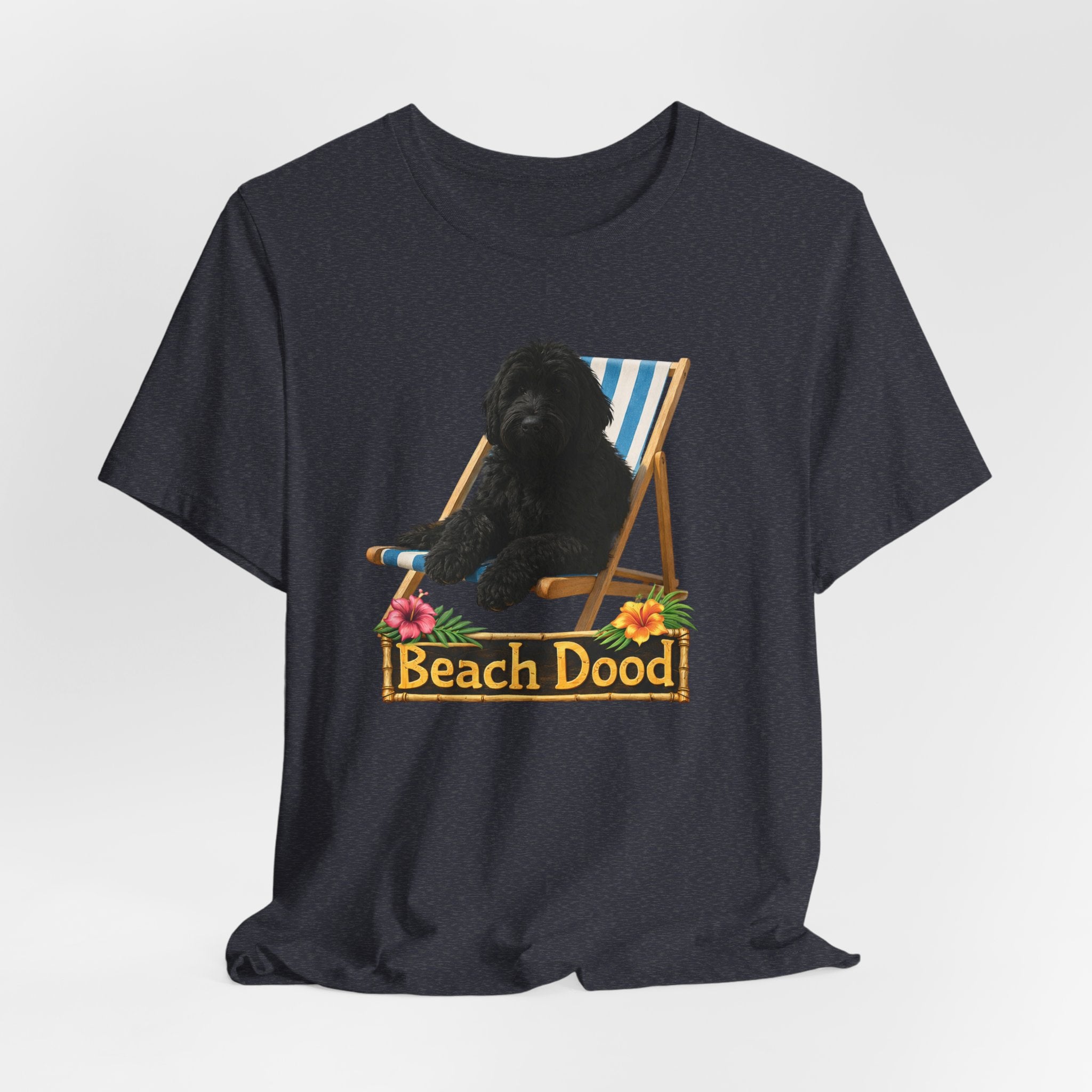 Beach Dood T-Shirt — Cute Black Golden Doodle Chilling on a Beach Chair Graphic Tee