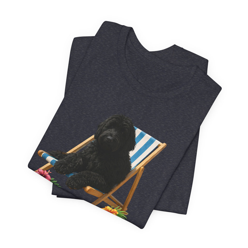Beach Dood T-Shirt — Cute Black Golden Doodle Chilling on a Beach Chair Graphic Tee