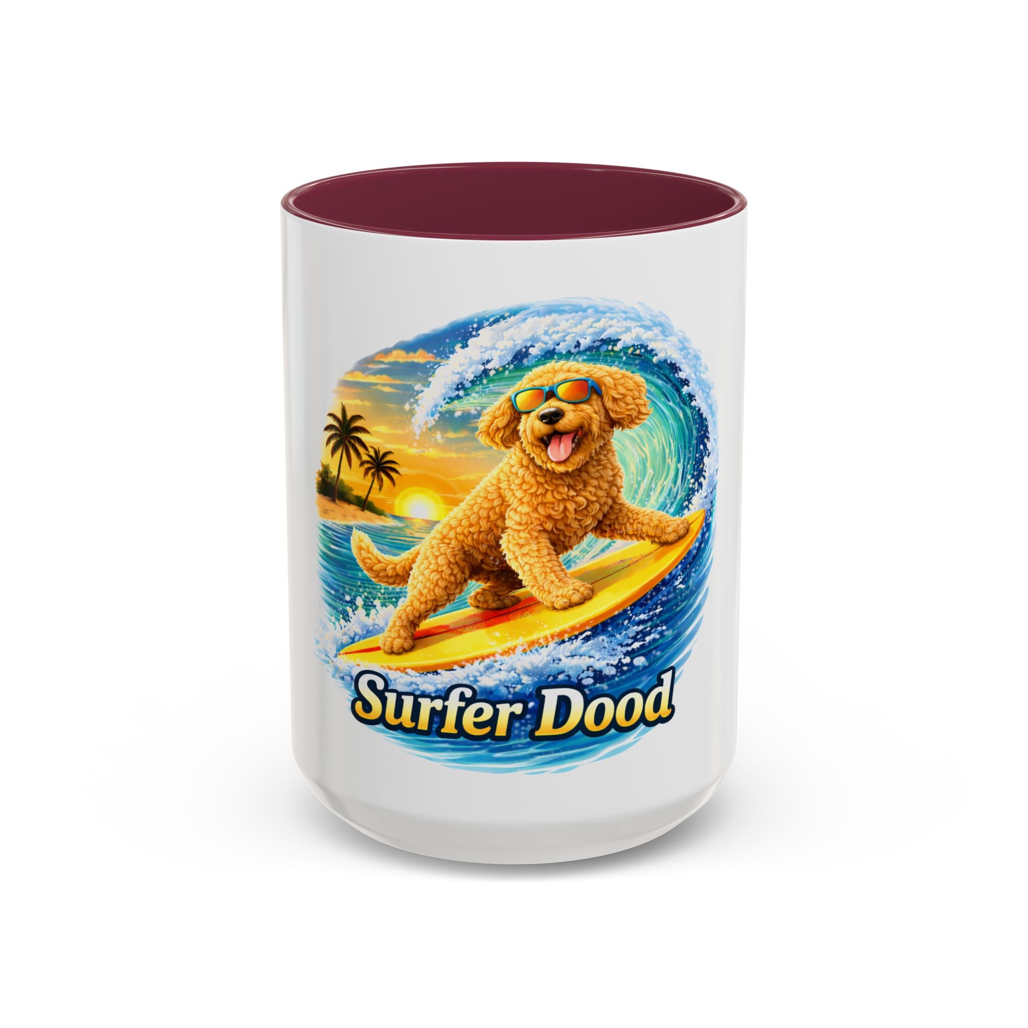 Golden Doodle Surfing Coffee Mug — Funny Colorful (15oz)