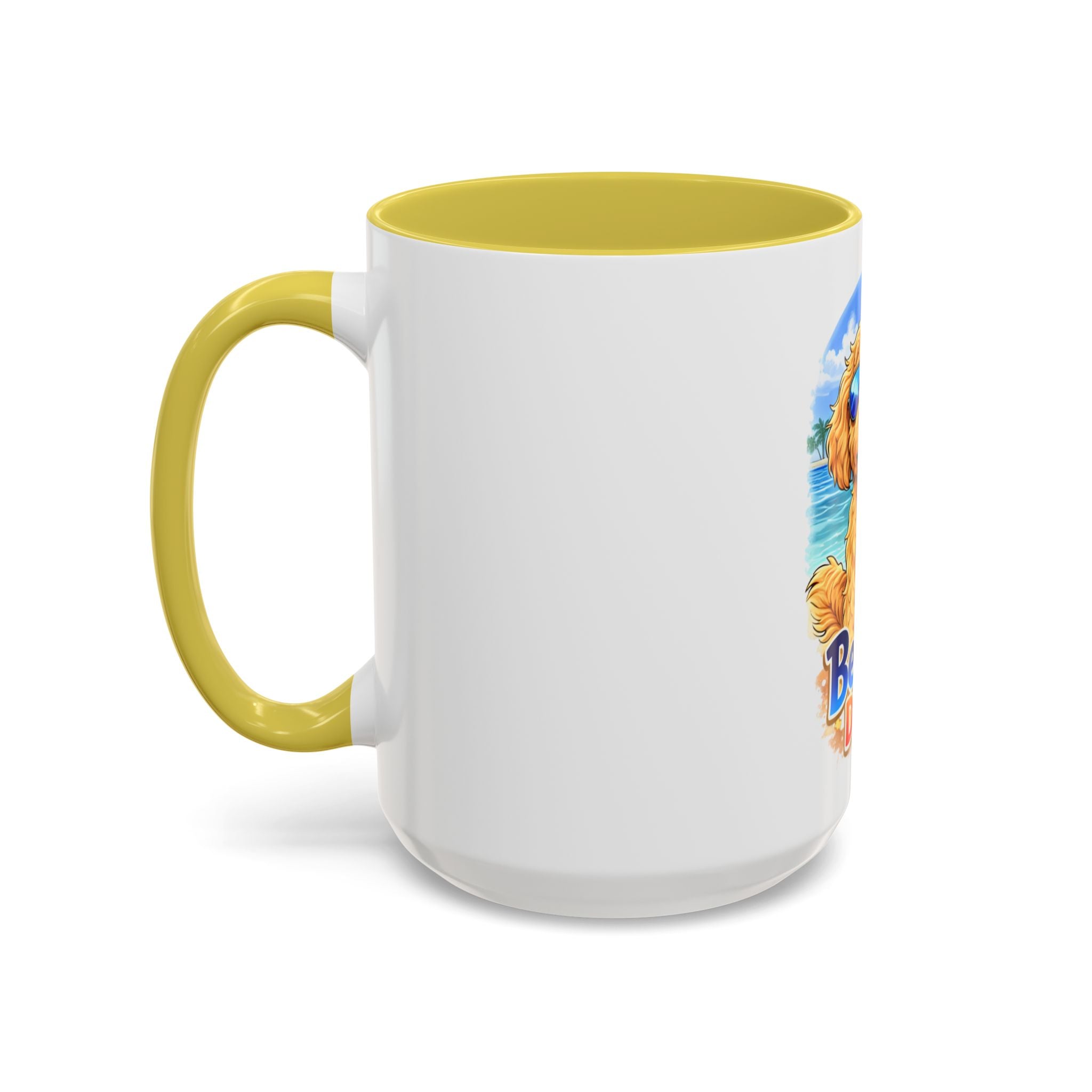 Beach Dood Dog Mug — Cute Golden Doodle with Sunglasses & Tropical Drink (15oz)