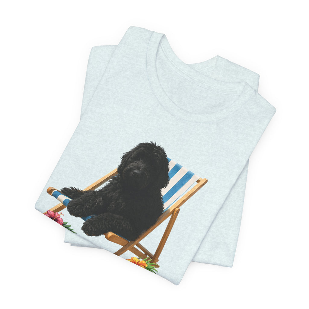 Beach Dood T-Shirt — Cute Black Golden Doodle Chilling on a Beach Chair Graphic Tee