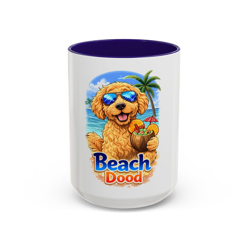Beach Dood Dog Mug — Cute Golden Doodle with Sunglasses & Tropical Drink (15oz)