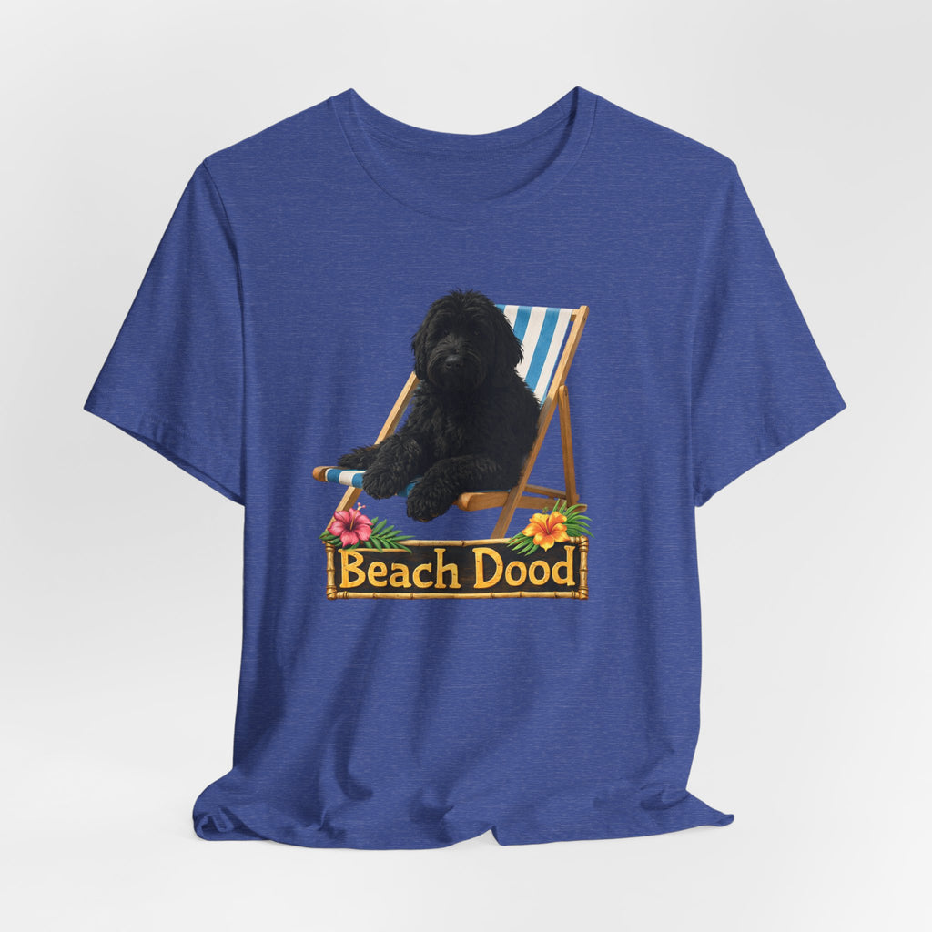 Beach Dood T-Shirt — Cute Black Golden Doodle Chilling on a Beach Chair Graphic Tee