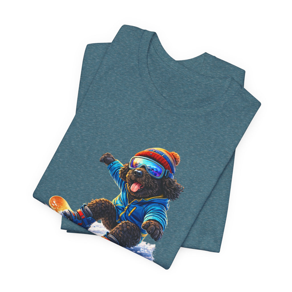 Cool Dood Snowboarding Tee — Cute Black Golden Doodle Snowboard Graphic T‑Shirt