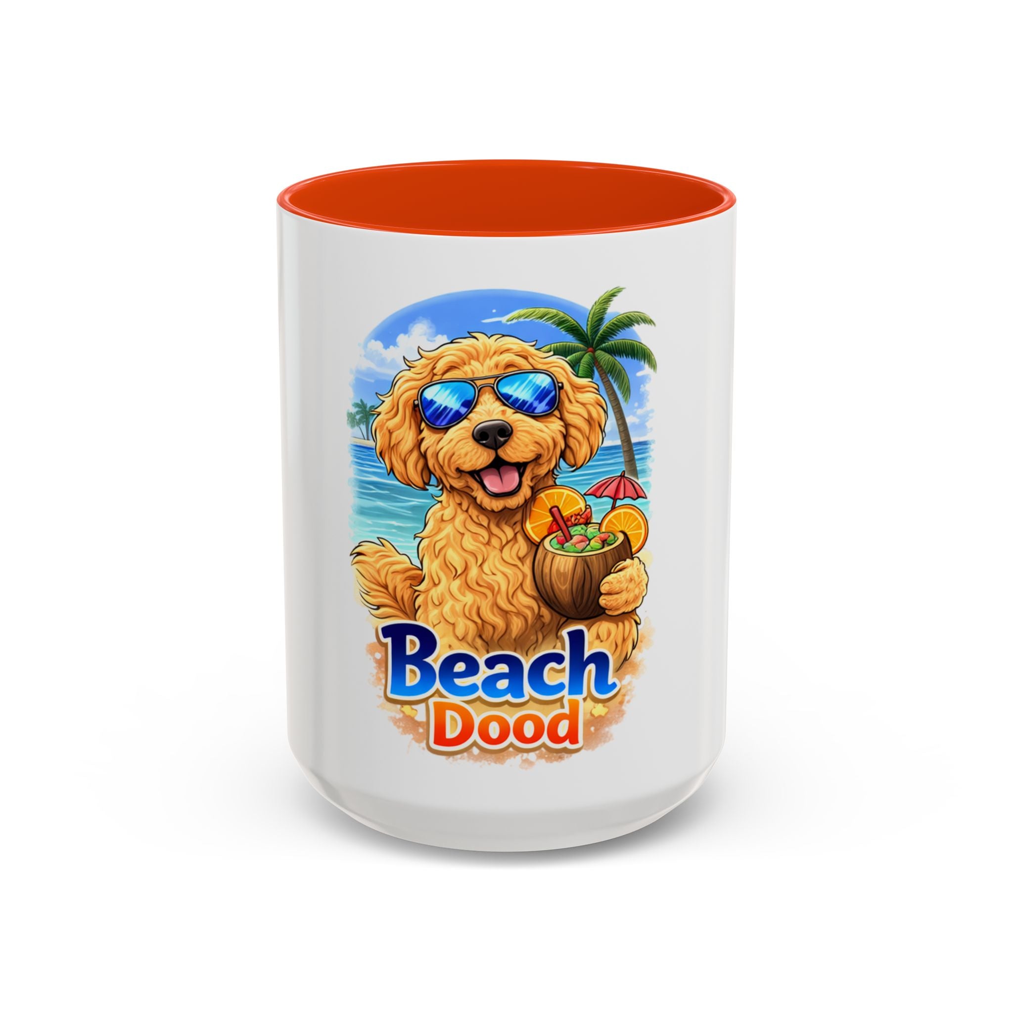 Beach Dood Dog Mug — Cute Golden Doodle with Sunglasses & Tropical Drink (15oz)